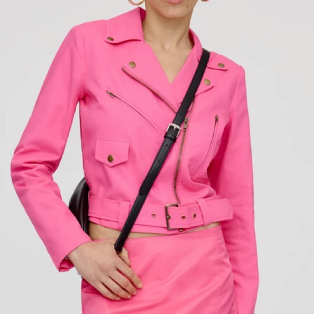 Anthropologie Dolan Hot Pink Cropped Belted Moto Jacket